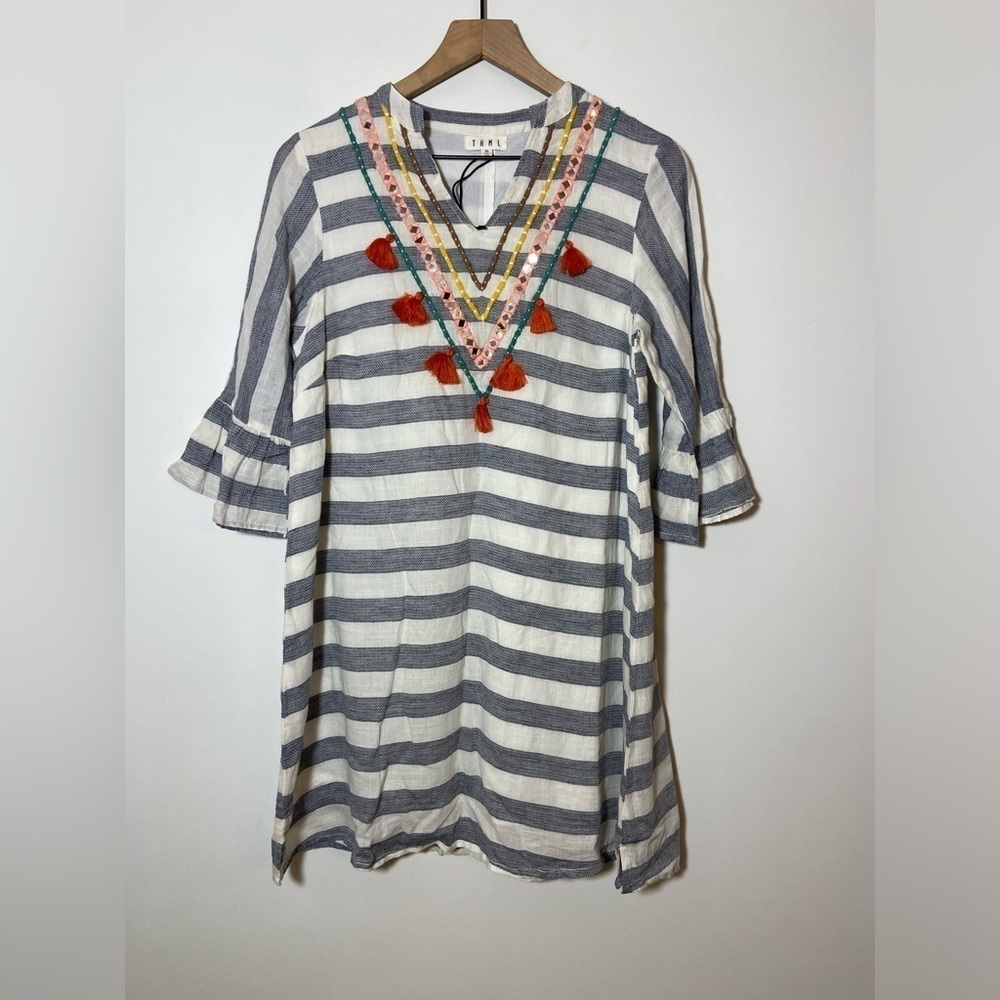NWT THML Striped EMBROIDERED Tunic Pom Pom Mini DRESS Sz XS Short Sleeve